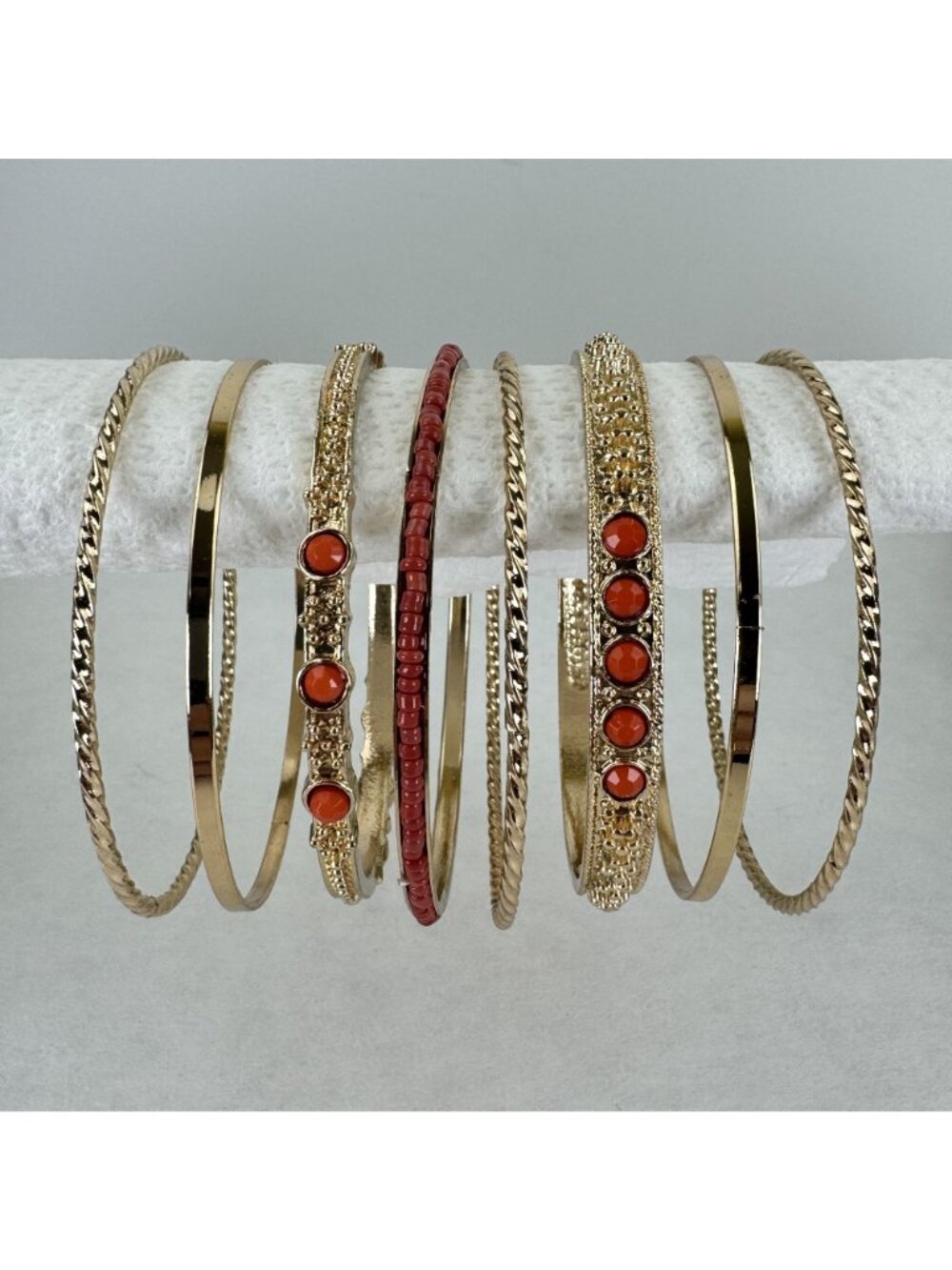 8 pc Coral Bangle Bracelet Set Gold-tone Stackable Textured Beaded Accents 2.5" - Picture 2 of 7